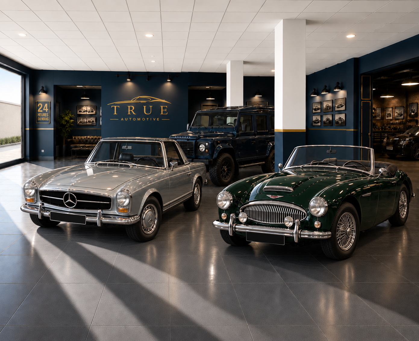 Mercedes-Benz SL, Austin-Healey 3000 and Land Rover Defender presented in the True Automotive showroom