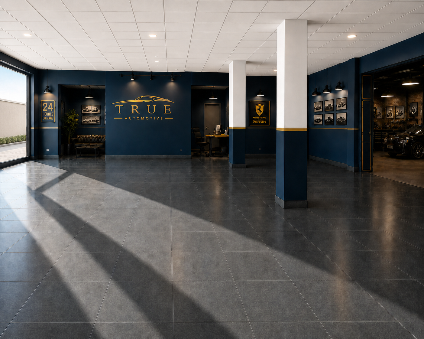 True Automotive showroom interior in deep navy and warm light